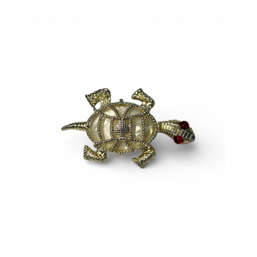 Vintage Gold Tone Red Eye White Shell Turtle Tortoise Cute Brooch Pin